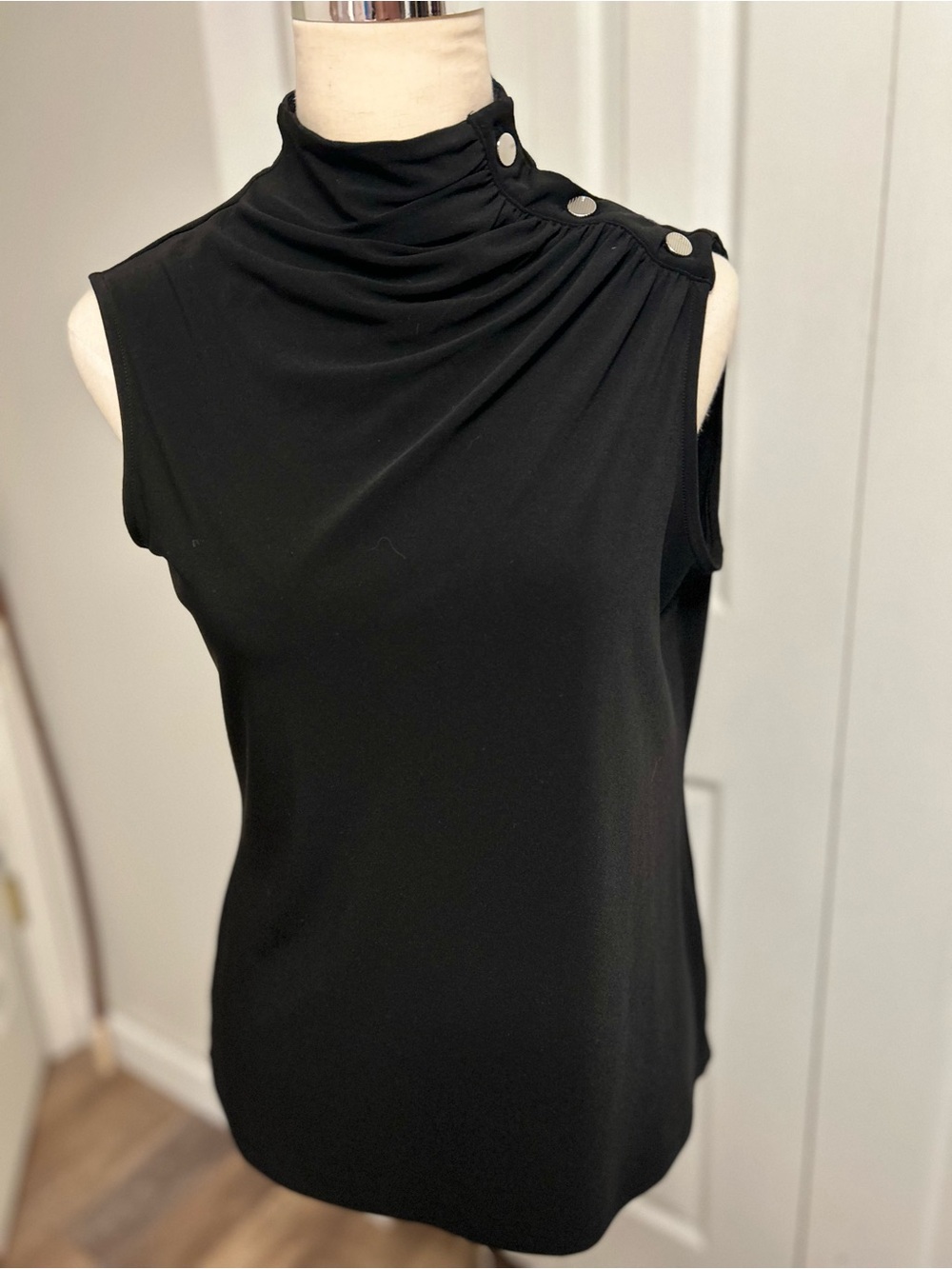 DKNY Black Sleeveless Mock Neck Top with Shoulder Buttons